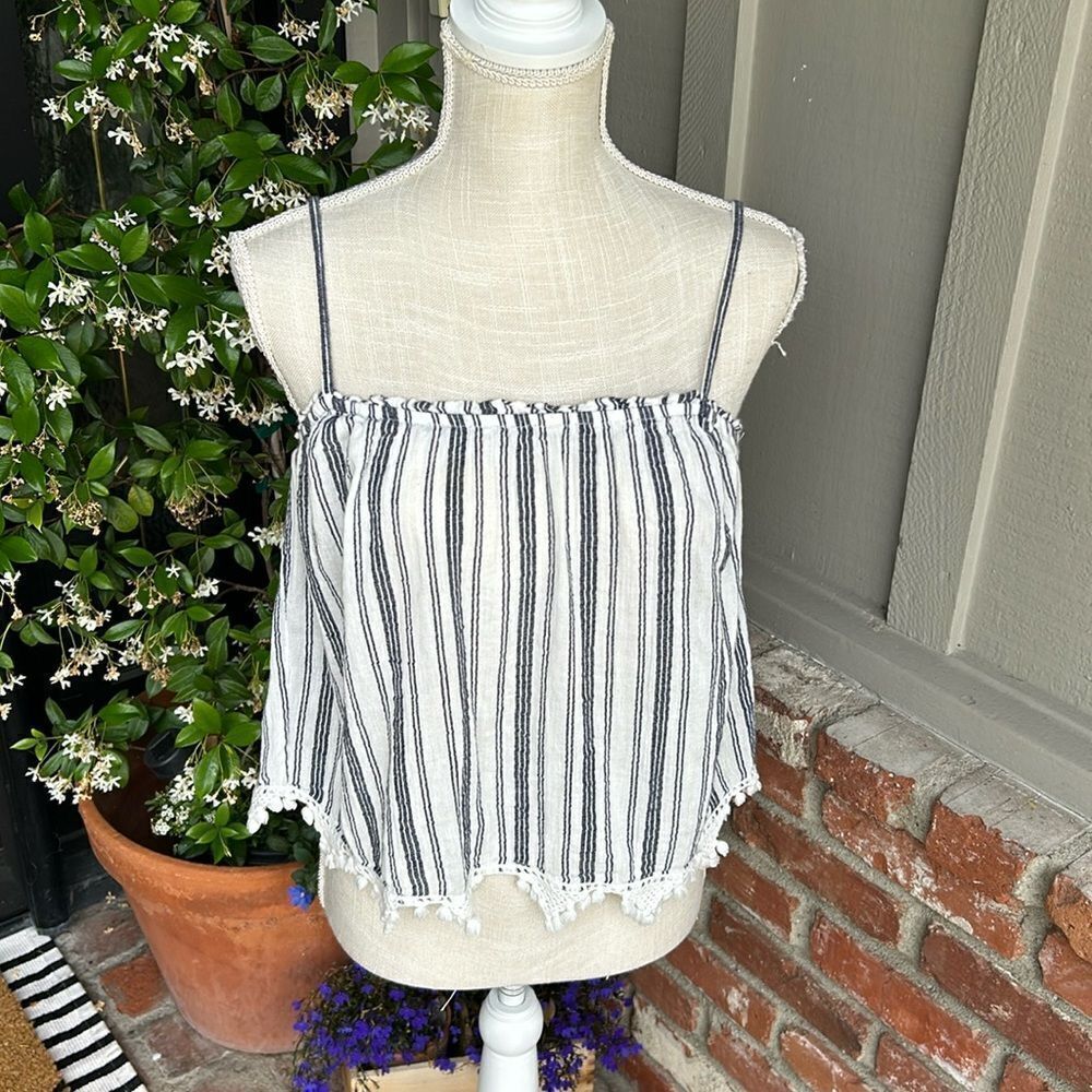 NWOT Joie Andoche Blue & White Stripe Camisole Pom Pom Fringe Tank Size: XS - Picture 5 of 12